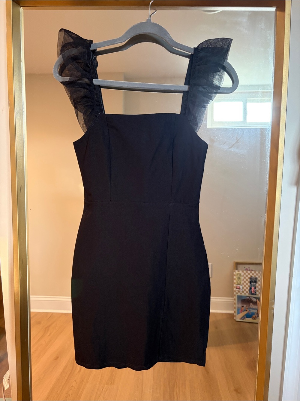 Blue blush Classic Black Mini Dress with Sheer Ruffle Straps